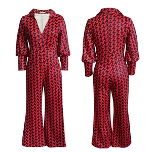 Front and back view of red and black houndstooth V-neck jumpsuit with lantern sleeves