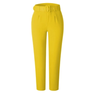 Detail of high-waist yellow trousers featuring pleated front and matching fabric belt