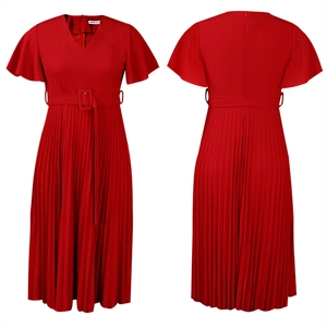 Front and back view of red V-neck pleated midi dress with ruffle sleeves and waist belt