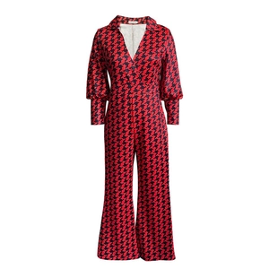 Detail of red and blue houndstooth jumpsuit showing V-neck and lantern sleeve texture