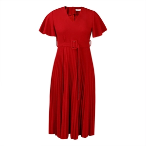 Detail of red V-neck pleated dress with ruffle sleeves and a square buckle waist belt