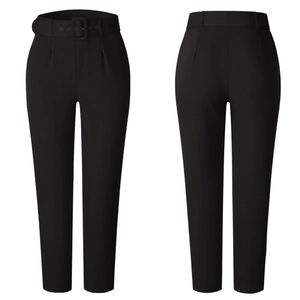 Front and back view of high waisted black dress pants with pleats and square buckle belt