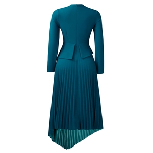 Detailed back view of an elegant peacock blue pleated dress with asymmetric hem and waist frill