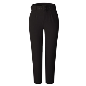 Detail view of high waisted black suit trousers featuring a matching fabric belt and front pleats