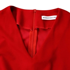 Detail of V-neckline and back zipper on red textured plus size dress for women
