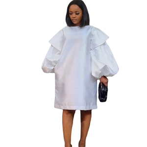 Elegant white satin mini dress with puff sleeves and off-the-shoulder ruffle detail