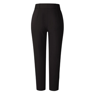 Detail of high-waist black business trousers with belt loops and slim-fit leg cut