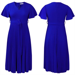 Detail view of royal blue V-neck pleated dress with ruffle sleeves and waist belt