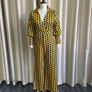 Women's V-neck wide leg jumpsuit featuring a yellow and black houndstooth print design