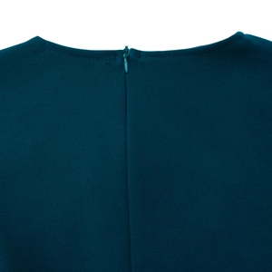 Detail of elegant dark navy dress showing back neckline and invisible zipper construction