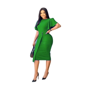 Elegant emerald green bodycon dress with ruffle sleeves and button detail for business wear