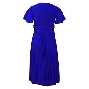 Detailed back view of a royal blue V-neck midi dress with ruffled sleeves and pleated skirt