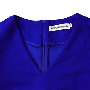 Close-up of royal blue V-neck with invisible zipper and white size label detail