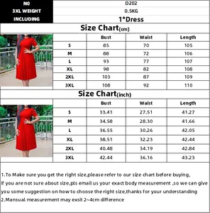 Maattabel voor geplooide jurk met korte mouwen met maten in cm en inches voor maat S-3XL