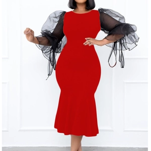 Elegant red fishtail dress with sheer black mesh lantern sleeves and slim fit design