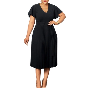 Detail of the V-neckline and tiered ruffle sleeves on this black pleated midi dress