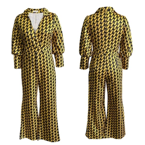 Detailed front and back views of a V-neck jumpsuit with yellow houndstooth pattern