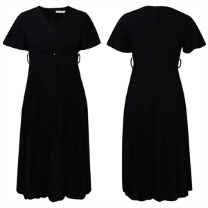 Detailed flat lay of V-neck pleated black dress with ruffles and a matching waist belt