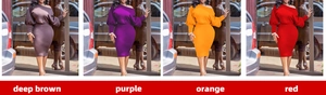 Detalle de los conjuntos de vestido con hombros descubiertos en marrón, púrpura, naranja y rojo