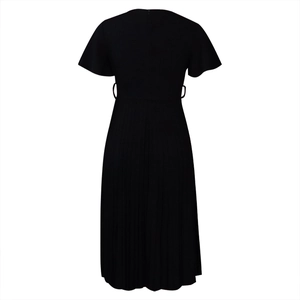 Detail view of the pleated black short sleeve dress featuring back invisible zipper design