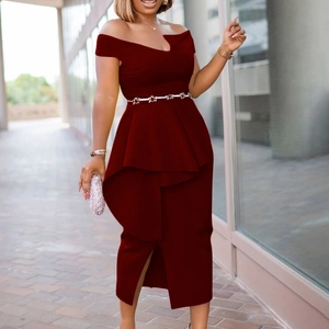 Robe Midi Élégante Pour Femme Épaules Dénudées Basque Fente Bodycon Robe De Soirée Formelle Et Ceinture