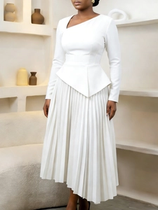 Elegant white slim fit dress with asymmetrical neckline and pleated midi skirt