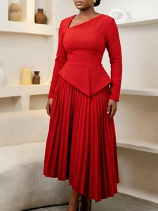 Elegant red long sleeve dress with asymmetric neckline and pleated irregular hemline