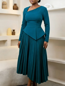 Elegant teal midi dress with asymmetrical neckline and structural pleated peplum detail