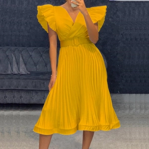 Robe Midi Femme Élégante Col en V Manches Volantes Plissée Avec Ceinture Couleur Unie Été Fête Mode