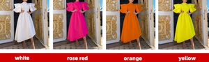 Detailed four-color collage of elegant dresses with layered ruffle sleeves and pleated waist