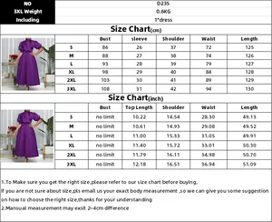 Detailed size guide table with measurements in cm and inch for evening party dress