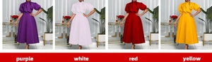 Detail view of retro bow-knot neck dresses in purple, white, red, and yellow colors