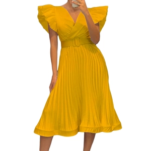 Detail of bright yellow pleated dress with V-neck, ruffle sleeves and waist belt