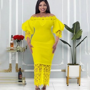 Elegantes schulterfreies gelbes Bodycon-Kleid mit Spitzen-Laternenärmeln und Spitzenbesatz
