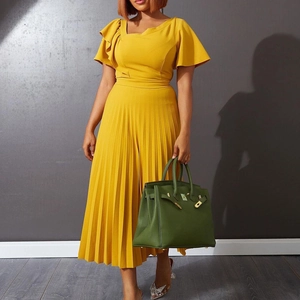 Women Elegant One Shoulder Ruffle Short Sleeve Pleated Midi Dress High Waist Asymmetric Party Dress Solid Color Fashion