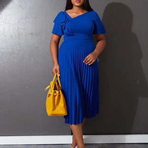 Elegant royal blue V-neck midi dress with ruffle sleeve and pleated skirt design