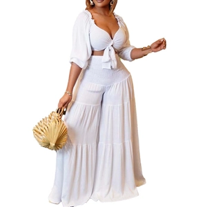 Women's 2-piece summer set with V-neck tie-front crop top and pleated wide-leg trousers