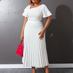 Elegant white one-shoulder midi dress with ruffle sleeve and pleated skirt for women