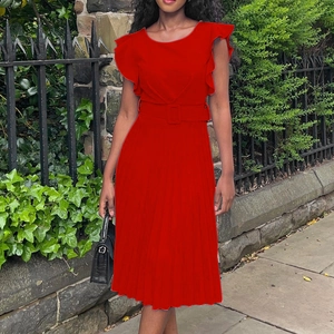 Elegant red pleated dress with round neck, ruffle sleeves and matching waist belt
