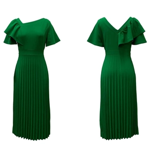 Front and back view of dark green pleated dress with ruffle sleeves and asymmetric neck