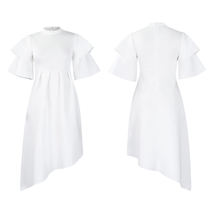 Front and back view of white dress with double-layered ruffle sleeves and asymmetric hem