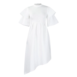 Detail of white midi dress with double-layered ruffle sleeves and asymmetric hemline