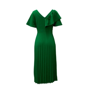 Detail of emerald green pleated dress featuring v-neck back and ruffled shoulder accents