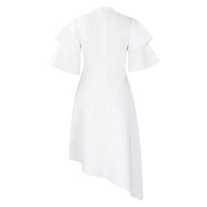 Detail of white dress back featuring a stand collar and invisible zipper closure