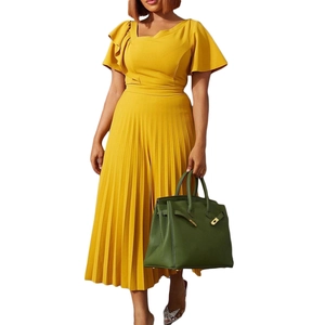 Elegant yellow pleated dress with ruffled short sleeves and slim waist for women