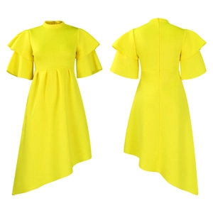 Front and back view of yellow maxi dress with tiered ruffle sleeves and irregular hem