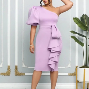 Detail of lavender one-shoulder dress showing bubble sleeve and elegant ruffled waist drape