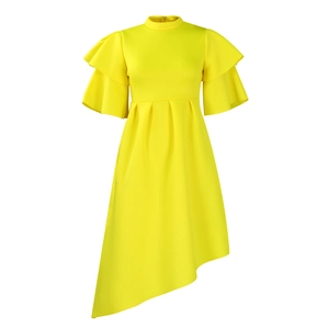 Detail of yellow dress with ruffle sleeves, pleated waist, and asymmetric hemline
