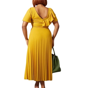 Elegant mustard yellow pleated midi dress with ruffle shoulder and V-back design