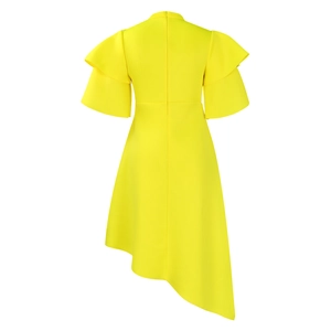 Detail of yellow dress featuring double-layered ruffle sleeves and asymmetric high-low hemline